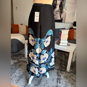 Zara Black Maxi Skirt with Blue and Cream Floral Print